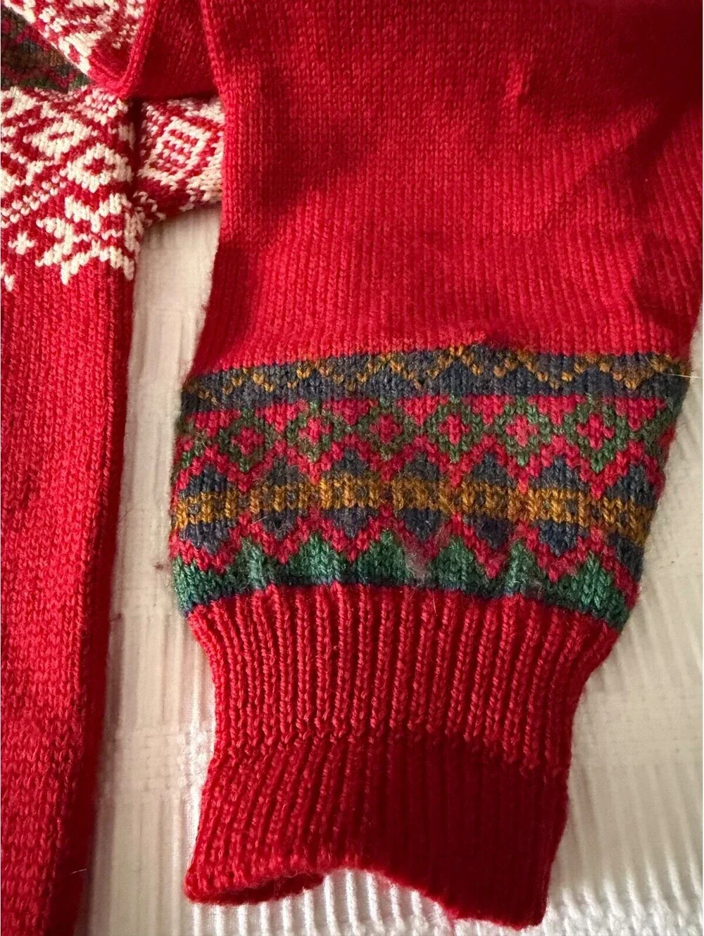 NORDSTRIKK Norway Wool Fair Isle Cardigan Sweater Large Ski Snowflake Red Green